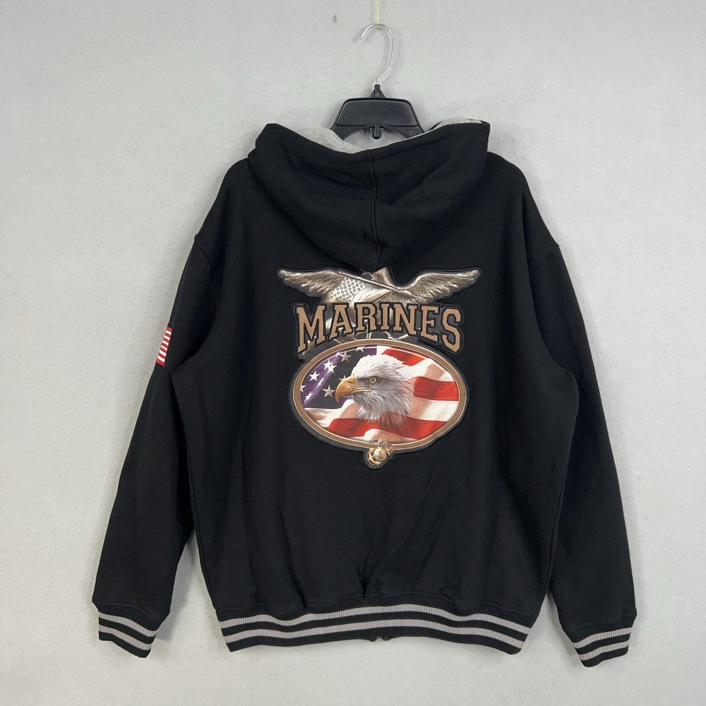 USMC Marines Hoodie Mens Medium Black Full Zip Jacket American Flag Eagle USA